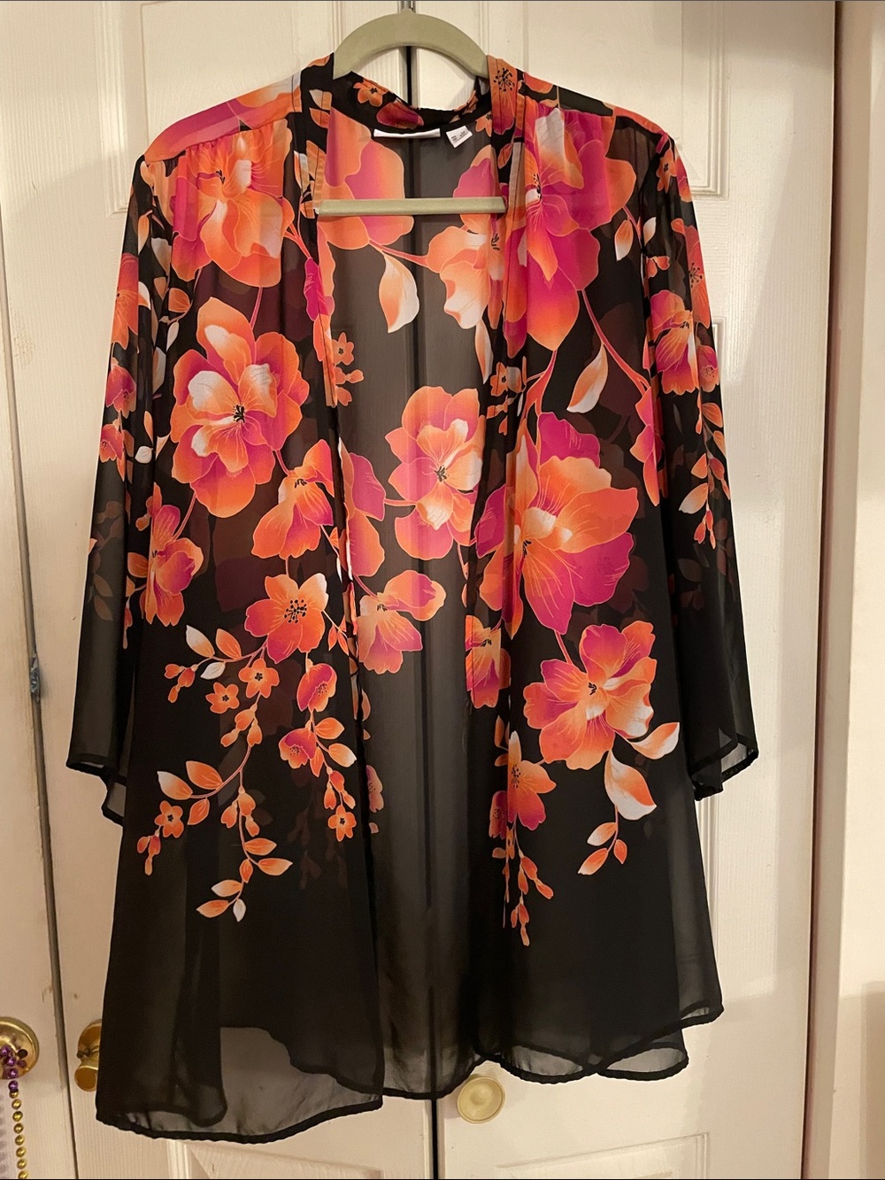 Susan Graver Black Sheer Floral Kimono with Pink and Orange Blooms 3x